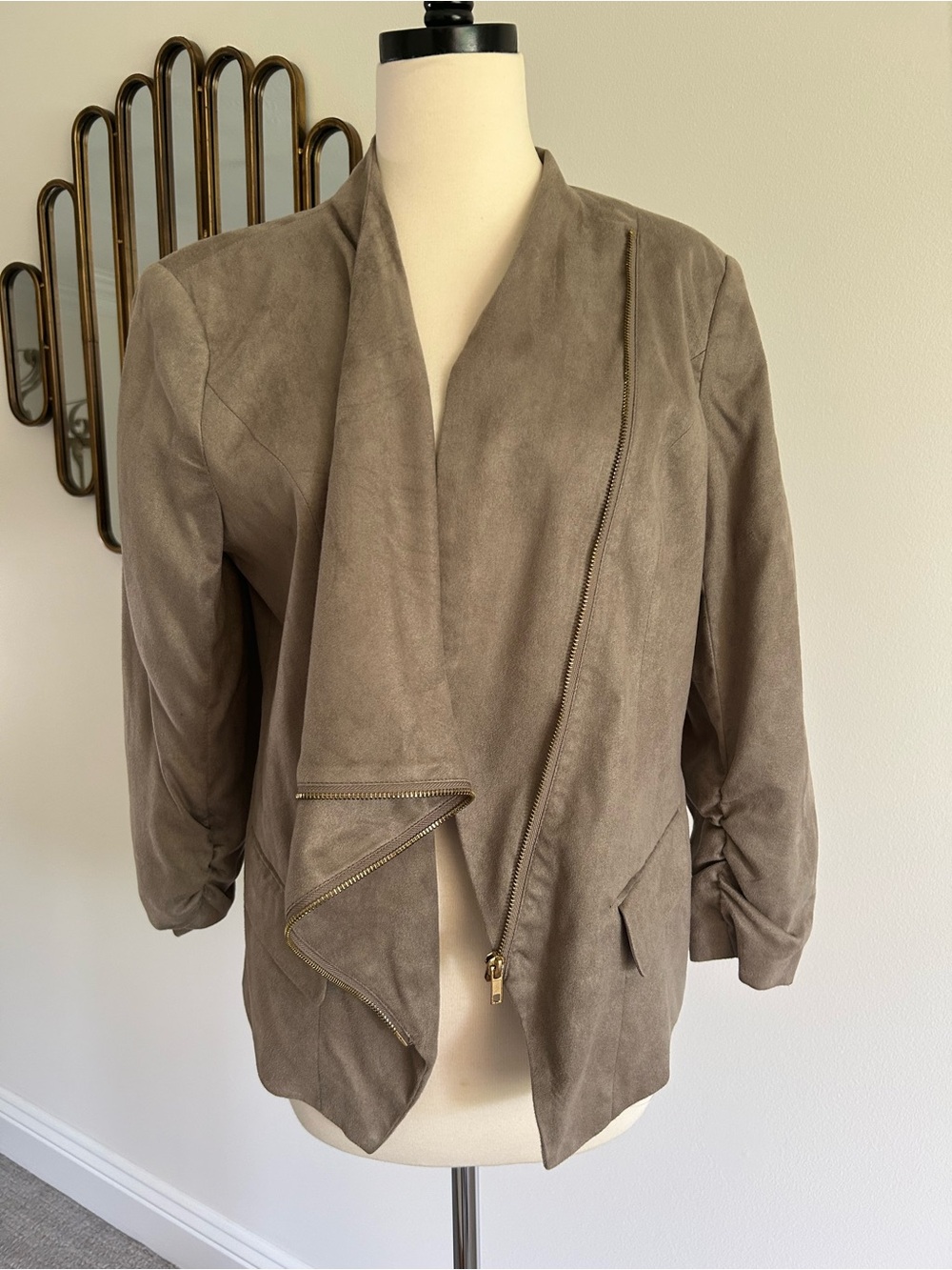New Apostrophe Taupe Faux Suede Asymmetrical Zip Jacket Large Brown Beige Coat